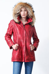 Damen Lederparka Lammnappa Rot Vintage Look mit Kapuze und Finnraccoonbesatz