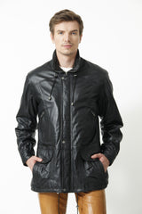 Langer Herren Lederparka sportiv aus Lammnappa in schwarz wattiert