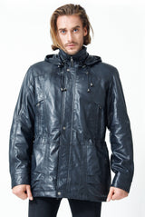 Herren Lederparka in Navy Blue aus Lammnappa mit Kapuze
