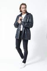 Herren Lederparka in Blau aus Lammnappa mit Kapuze