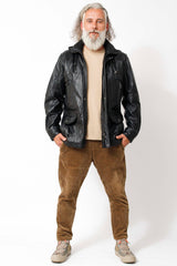 Herren Lederparka in schwarz aus Lammnappa mit Kapuze abtrennbar