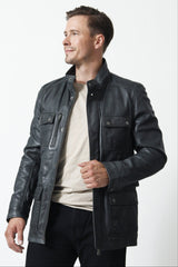 leichter dünner Herren Lederparka sportiv aus Lammnappa anthrazit mit Stehkragen