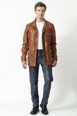 Herren Lederparka sportlich in Lammnappa cognac vintage Look und Stehkragen