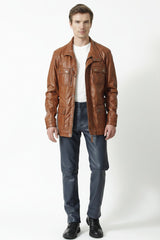 Herren Lederparka sportlich in Lammnappa cognac vintage Look und Stehkragen