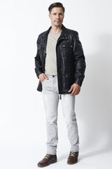 Lange Herren Lederjacke in Lammnappa schwarz viele Taschen und Stehkragen