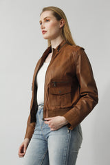 Sportlicher Lederblouson für Damen mit vielen Taschen Lammnappa Braun antik