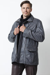 Längere Herren Lederparka sportiv aus Lammnappa in grau leicht wattiert