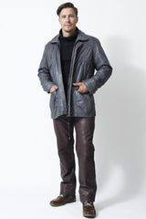 Langer Herren Lederparka sportiv aus Lammnappa in grau leicht wattiert