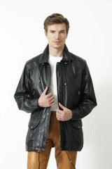 Langer Herren Lederparka sportiv aus Lammnappa in schwarz leicht wattiert