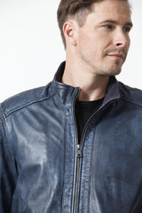 Kurze Herrencollege Lederblouson in Lammnappa Blau Vintage Look.