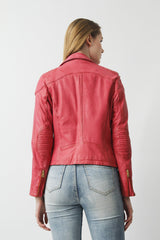 Figurbetonte Damen Lederjacke als Bikerjacke in Vintage Rot aus Lammnappa