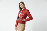 Damen Bikerstyle Lederjacke aus Lammnappa in Rot mit Stehkragen