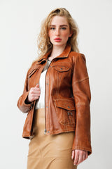 kurze taillierte Damen Lederjacke sportlich aus Lammnappa in Texas Braun