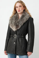 Halblange echte Damen Lederjacke Lammnappa gecrasht schwarz mit großen Silberfuchskragen