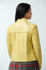 Kurze dünne Damen Lammnappa Lederjacke in Yellow mit Stehkragen tailliert