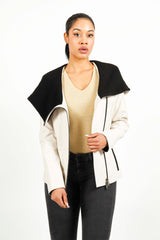 Damen kurz in Lammnappa mit Baumwollkapuze in beige schwarz tailliert