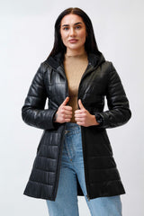 Gesteppter Damen Lederparka aus Soft Lammnappa in schwarz mit Kapuze