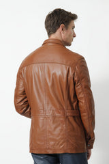 leichter dünner echter Herren Lederparka sportiv aus Lammnappa cognac mit Stehkragen