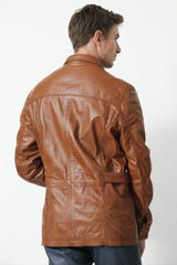 leichter dünner Herren Lederparka sportiv aus Lammnappa cognac mit Stehkragen