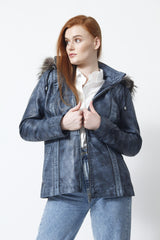 Kurzer Damen Lederparka blau vintage Look mit Kapuze und Silberfuchs