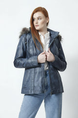 Kurzer Damen Lederparka blau vintage Look mit Kapuze und Silberfuchs
