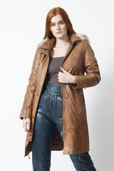 Damen Lederparka Lammnappa cognac mit abnehmbarer Kapuze und echten rotfuchsbesatz