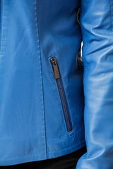 Kurze Blaue Damen Lammnappa Lederjacke tailliert mit asymmetrischen Reißverschluss