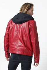 Coole Herren Biker Lederjacke aus Lammnappa mit Teilhooldie Kapuze