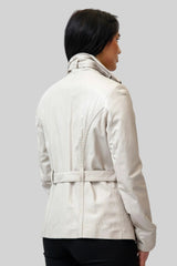 Halblange taillierte Damen Lederjacke mit Gürtel aus Lammnappa beige