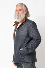 Längere Herren Lammnappalederjacke gesteppt mit Stehkragen in Blau cognac abgesetzt