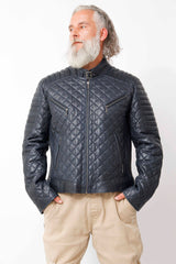 Kurze Herren Lederjacke aus gesteppten Lammnappa in Blau mit Stehkragen