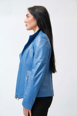 Kurze Blaue Damen Lammnappa Lederjacke tailliert mit asymmetrischen Reißverschluss