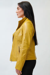 Kurze Damen Lammnappa Lederjacke Gelb tailliert mit asymmetrischen Reißverschluss