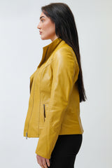Kurze Damen Lammnappa Lederjacke Gelb tailliert mit asymmetrischen Reißverschluss