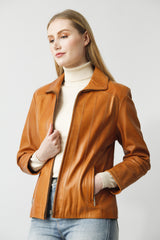 hochschließbare Damen Lederjacke in Safran aus Lammnappa und Butterweich