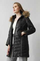 Damen Lederparka gesteppt und tailliert in grey Lammnappa mit Kapuze