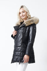 Exklusive längere Damenlederjacke schwarz feinste Qualität Echtpelzbesatz aus Finnraccoon