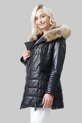 Exklusive längere Damenlederjacke schwarz feinste Qualität Echtpelzbesatz aus Finnraccoon