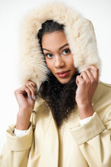 Wattierter Leder Damen Parka mit Kapuze, Lammnappa Vanille und Blaufuchs