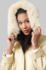 Wattierter Leder Damen Parka mit Kapuze, Lammnappa Vanille und Blaufuchs