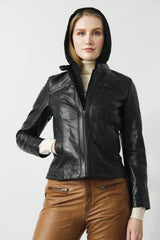 leichte kurze Damen Biker Look Lederjacke in Lammnappa mit Kapuze