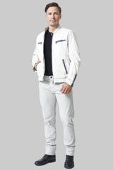 Herren Leder Jacke Lammnappa in Offwhite Blau mit Stehkragen hochschließbar