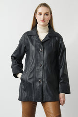 Lange Damen Lederjacke aus Lammnappa in Marineblau zum Knöpfen