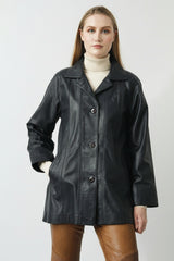 Lange Damen Lederjacke aus Lammnappa in Marineblau zum Knöpfen