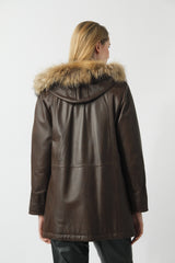 Damen Lederparka dunkelbraun Lammnappa mit Kapuze abtrennbar und Pelzstreifen Raccoon