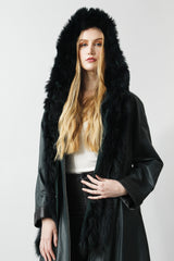 Damen Ledermantel mit Schalkapuze und Blaufuchs in Petrol mit Schwarz Kontrast