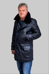 unwattierte lange Herren Lederjacke mit Lammfellkragen