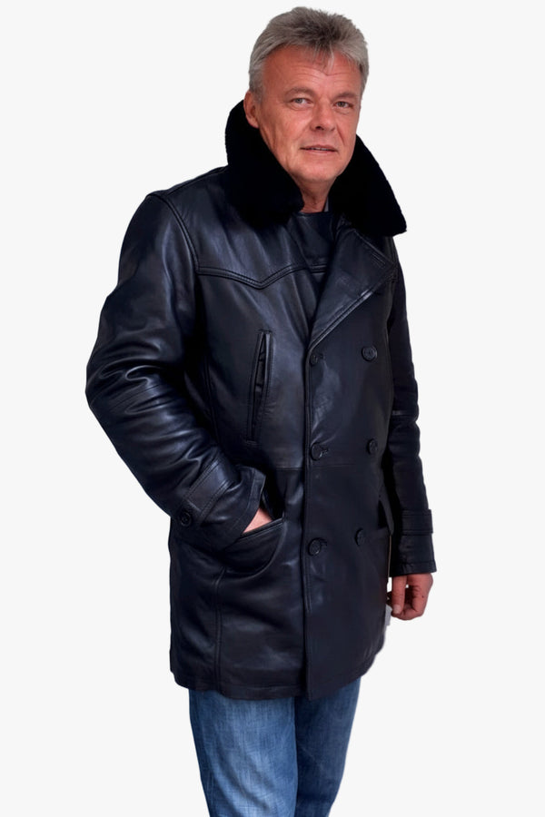 unwattierte lange Herren Lederjacke mit Lammfellkragen