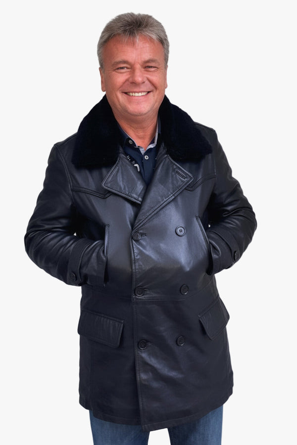 unwattierte lange Herren Lederjacke mit Lammfellkragen