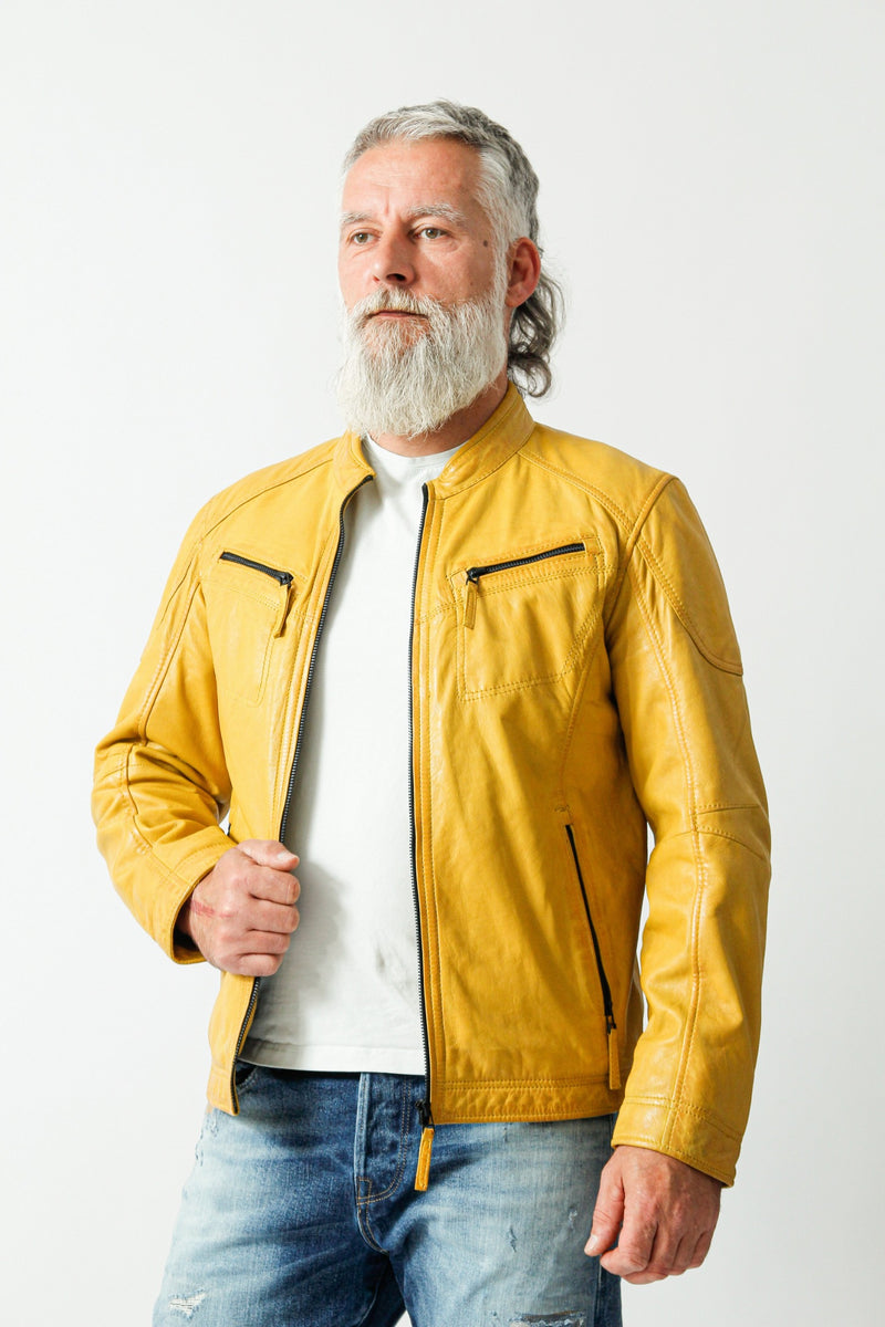 Kurze Herren Biker Style Übergangs Lederjacke Lammnappa in Yellow gelb